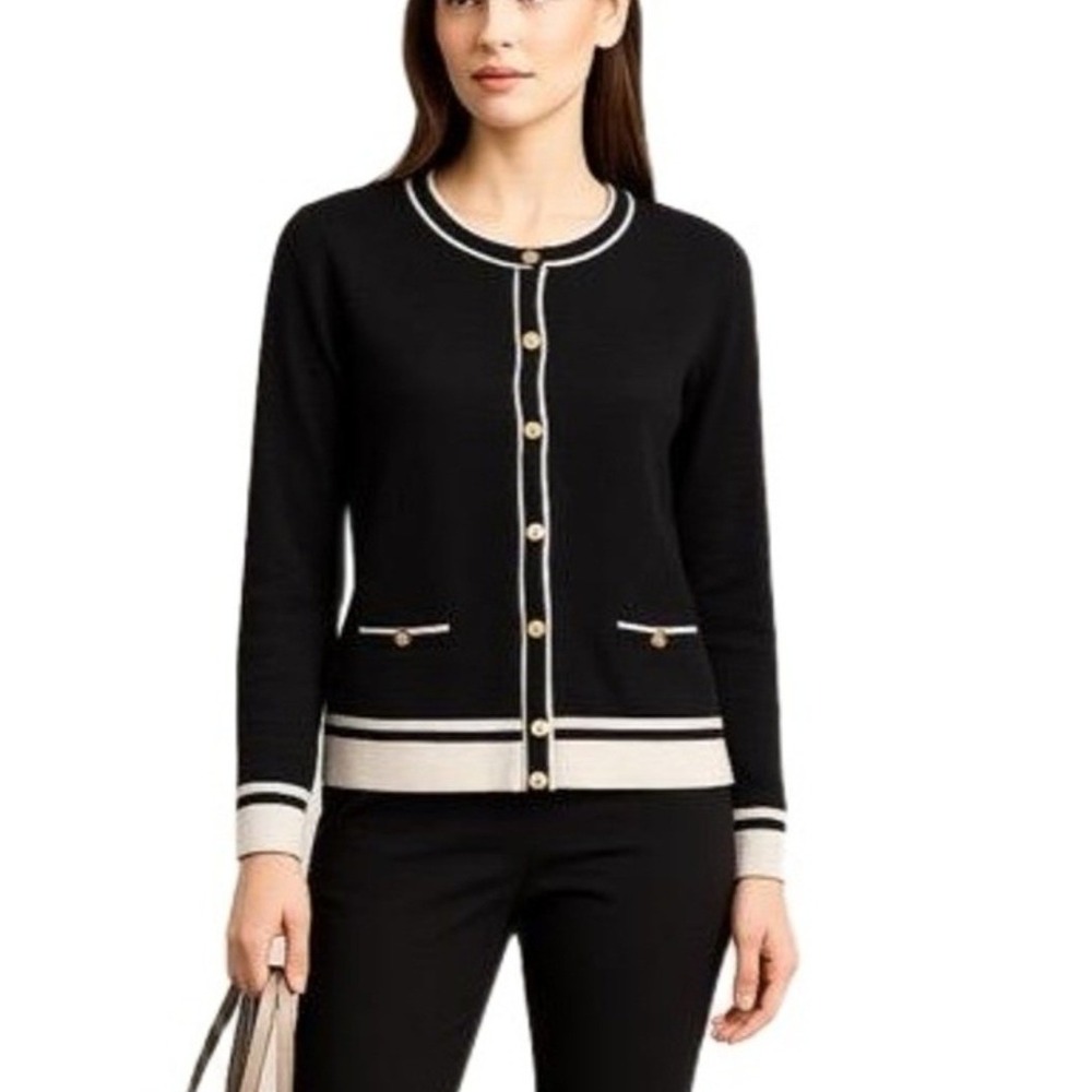 Karen Scott Cardigan Womens Large Black & White Sweater Gold Buttons Luxury
